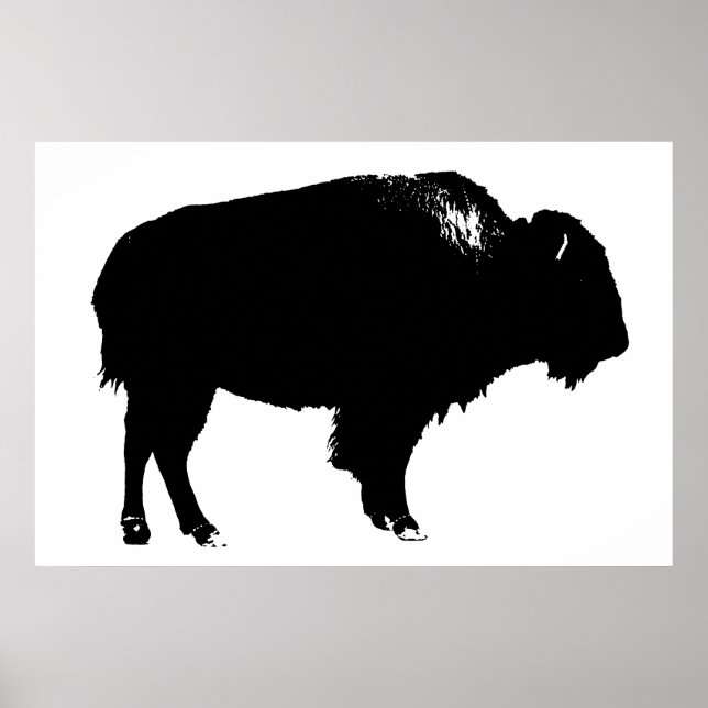 Póster Búfalo negro y blanco de Bison Silhouette Pop Art (Frente)