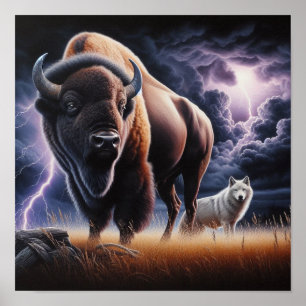 Póster Búfalo y lobo en una tormenta con relámpagos