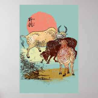 Póster Búfalos de agua de Boho, ilustracion al estilo asi
