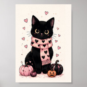 Póster Bufanda de Corazón Rosa Acogedor Gato Negro