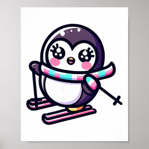 Póster Bufanda de rayas adorable pingüino de esquí invier