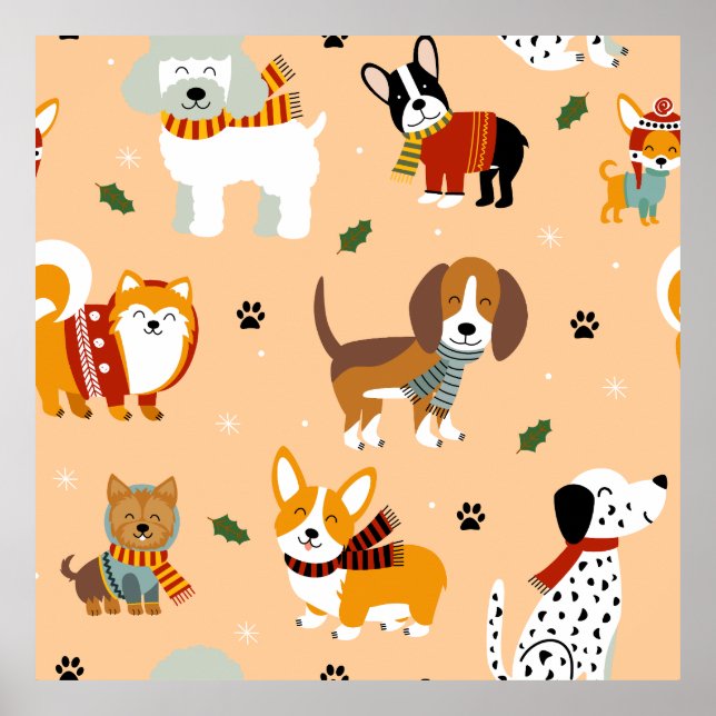 Póster Bufandas Festivas de Invierno para Cachorros (Frente)
