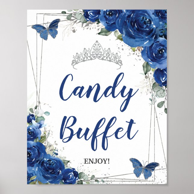 Póster Bufet de dulces Quinceañera de rosas florales azul (Frente)
