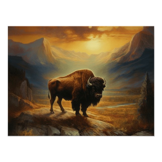 Póster Buffalo Bison Sunset Silhouette (Anverso)