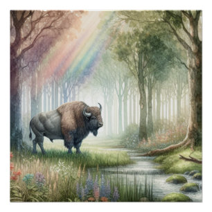 Póster Buffalo Bison Whimsical Forest Landscape Art