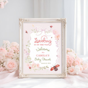 Póster Bug de Amor Bienvenida de Baby Shower Floral Rosa