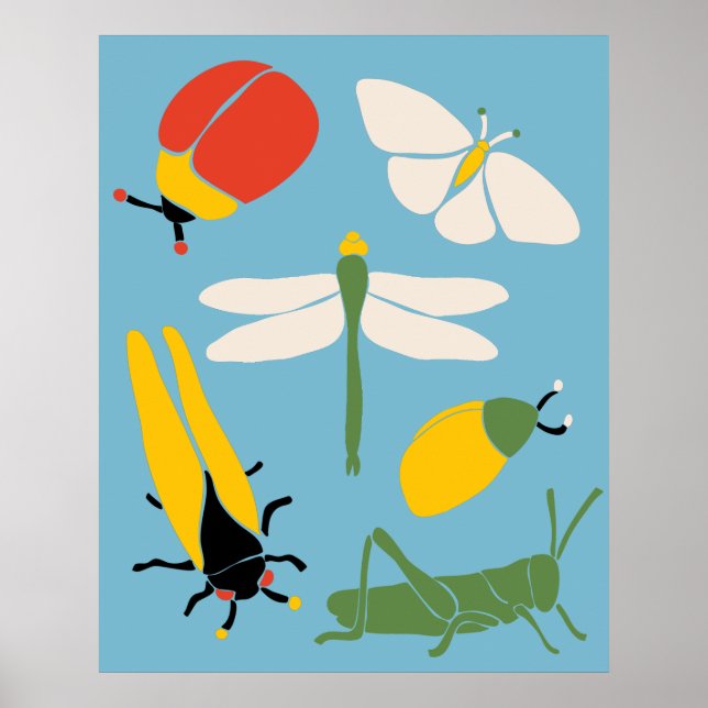 Póster Bugs retro Insectos Ilustraciones Azul claro (Frente)