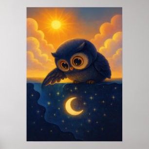 Póster Búho Adorable con Fantasía del Cielo Nocturno de S