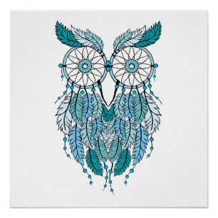 Póster búho azul del dreamcatcher