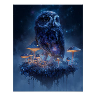Póster Búho Azul Místico con Hongos Brillantes