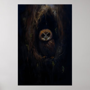 Póster Búho Bebé Árbol Hueco Dark Academia, Pared Malhumo