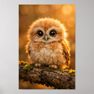 Póster Búho Bebé Esponjoso en Rama Bosque Vida Silvestre 
