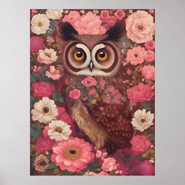 Póster Búho con ojos grandes delante de flores #3 (Frente)