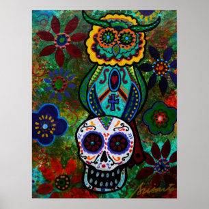 Póster búho de los cráneos de dia de los muertos