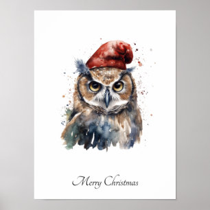 Póster Búho de Navidad con sombrero rojo de Santa en acua