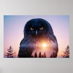 Póster Búho Doble Exposición Naturaleza animal Salvaje