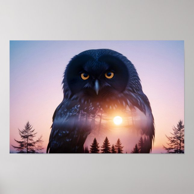 Póster Búho Doble Exposición Naturaleza animal Salvaje (Frente)