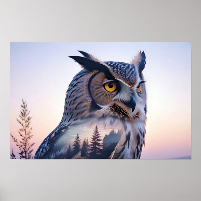 Póster Búho Doble Exposición Naturaleza animal Salvaje (Frente)