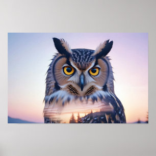 Póster Búho Doble Exposición Naturaleza animal Salvaje
