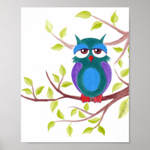 Póster Búho dormilón lindo en una pintura de dibujos anim