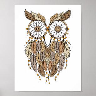 Póster búho dreamcatcher, cazador de sueños tribales