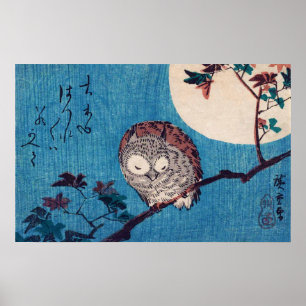 Póster Búho en rama de arce bajo luna llena, Hiroshige