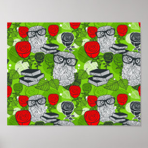 Póster Búho en rosas rojas