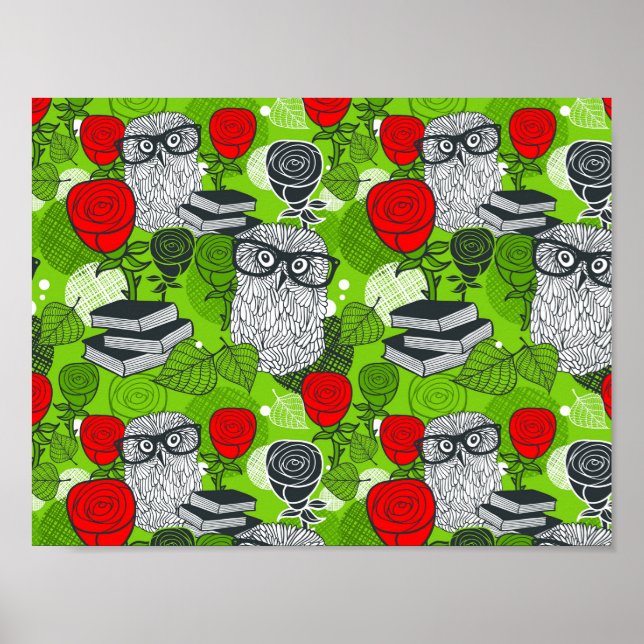 Póster Búho en rosas rojas (Frente)