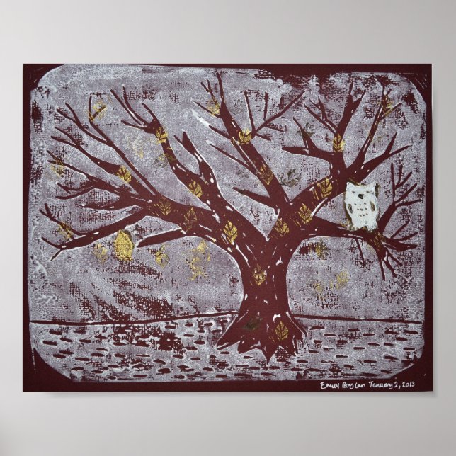 Póster Búho en un árbol nevado (Frente)
