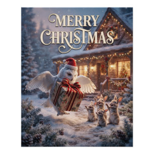 Póster Búho festivo entregando regalo a conejitos
