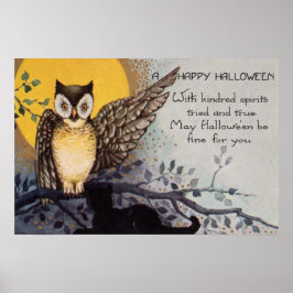 Póster Búho Gato Negro Luna Llena Árbol Noche
