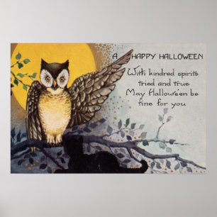 Póster Búho Gato Negro Luna Llena Árbol Noche