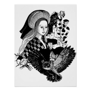 Póster Búho gótico nocturno y mujer