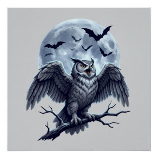 Póster Búho Gris de Luna Llena con Murciélagos