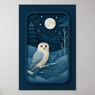 Póster Búho iluminado por la luna en bosque nevado
