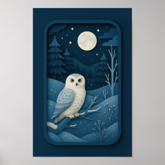 Póster Búho iluminado por la luna en bosque nevado