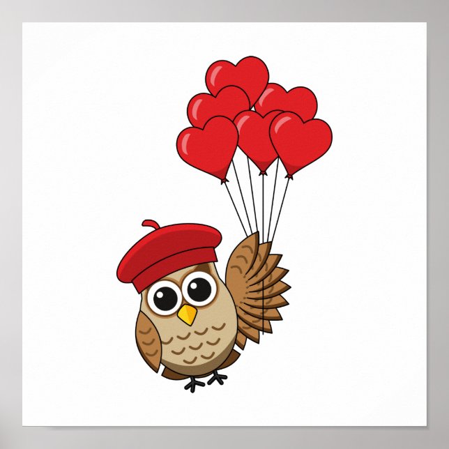 Póster Búho lindo volando con globos cardíacos (Frente)