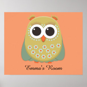 Póster Búho Naranja Verde Amarillo Lindo Personalizado