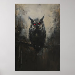 Póster Búho negro con ojos rojos en rama en bosque