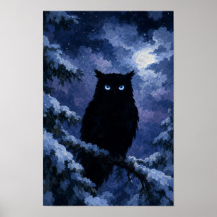 Póster Búho negro en noche nevada