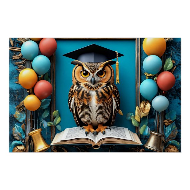 Póster Búho sabio con gorro de graduación posando con lib (Anverso)