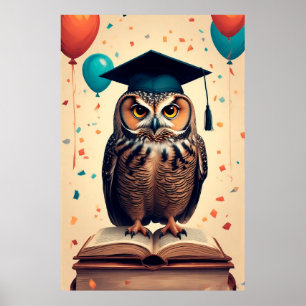 Póster Búho sabio con sombrero de graduación posado en un