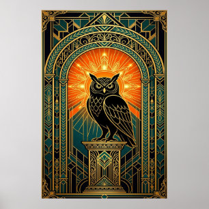 Póster Búho Sabio Silueta Art Deco Medianoche Dorado