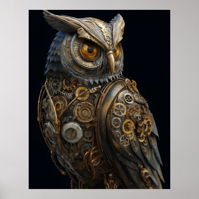 Póster Búho Steampunk de Ojos Dorados (Frente)