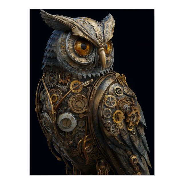 Póster Búho Steampunk de Ojos Dorados (Anverso)