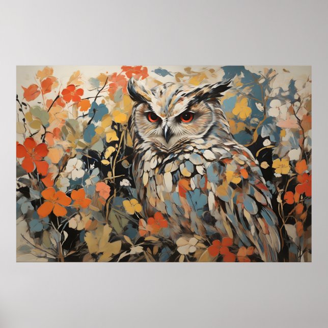 Póster Búho y flores en pintura de primavera (Frente)