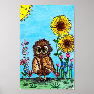 Póster Búho y girasoles
