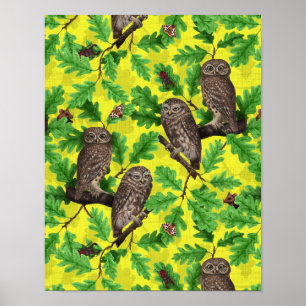 Póster Búhos en el bosque sobre amarillo limón