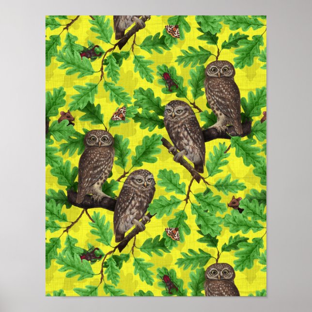 Póster Búhos en el bosque sobre amarillo limón (Frente)