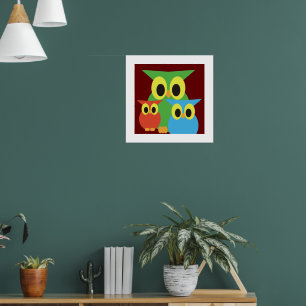 Póster Búhos verdes, rojos y azules